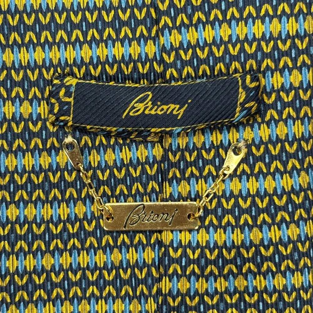 Brioni 100% Silk Necktie Mens Green Yellow Geometric Handmade Italy Tie 3.75x58